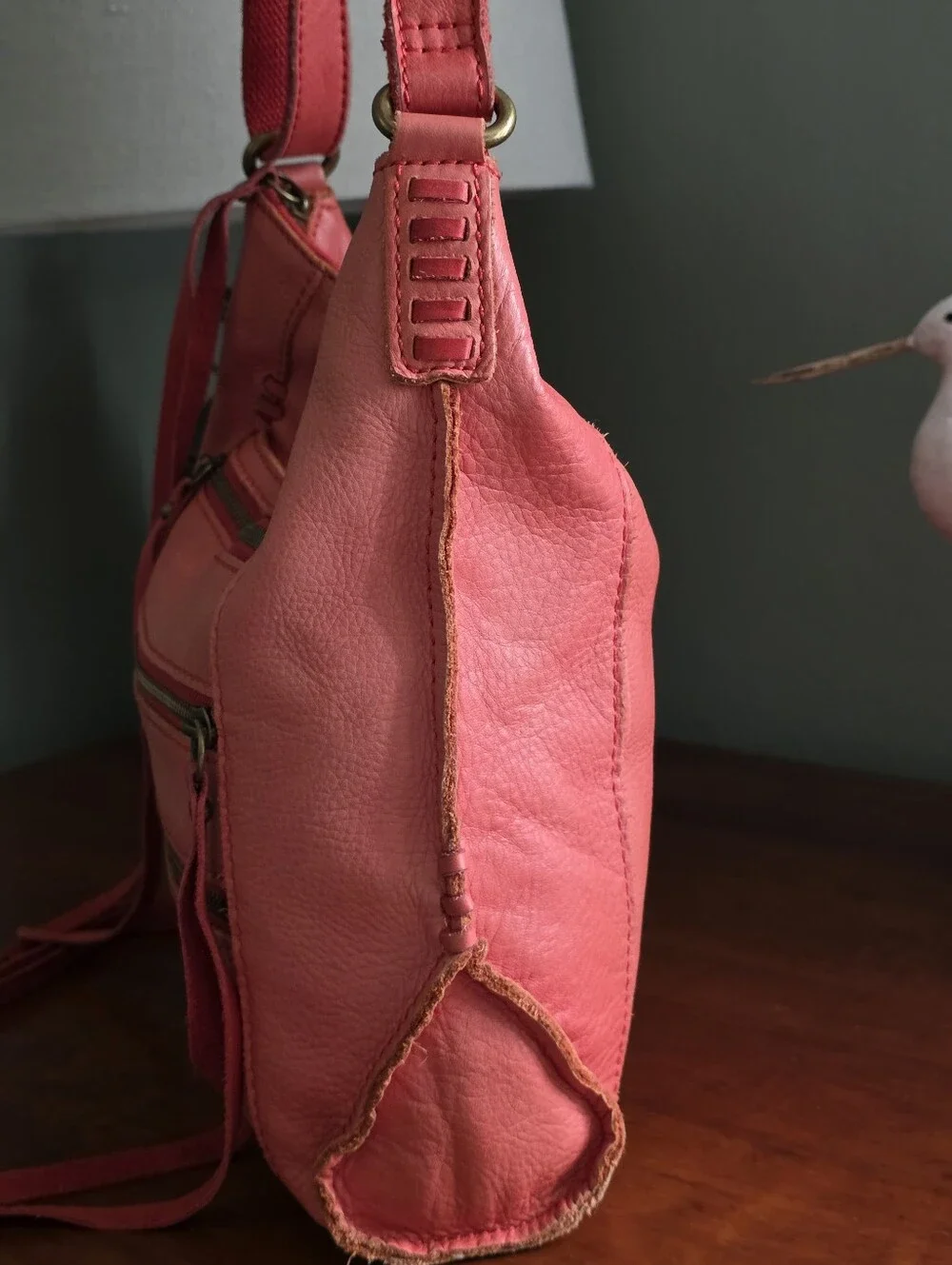 Lucky Brand Leather Hobo Crossbody Bag Coral Pink Fringe Tassels Slouch Boho